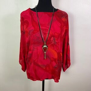Chico's Red Floral Kimono Sleeve Rayon Boat Neck Blouse, Size 1 (M/8)